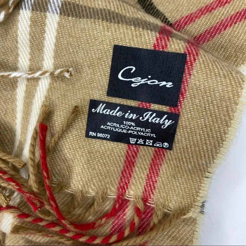 Cejon | Tan Plaid Scarf With Fringe Made In Italy